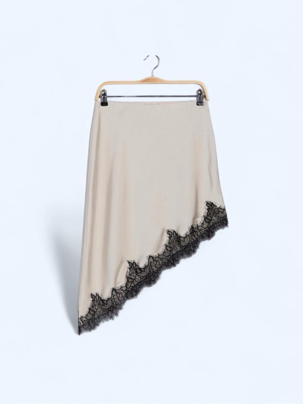 Leith Cream Asymmetrical Midi Skirt with Black Eyelash Lace Hem